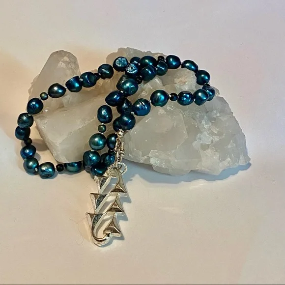 Hand Crafted Pearl Necklace Green Cultured Freshwater Black Silver Real Vintage - Picture 2 of 5